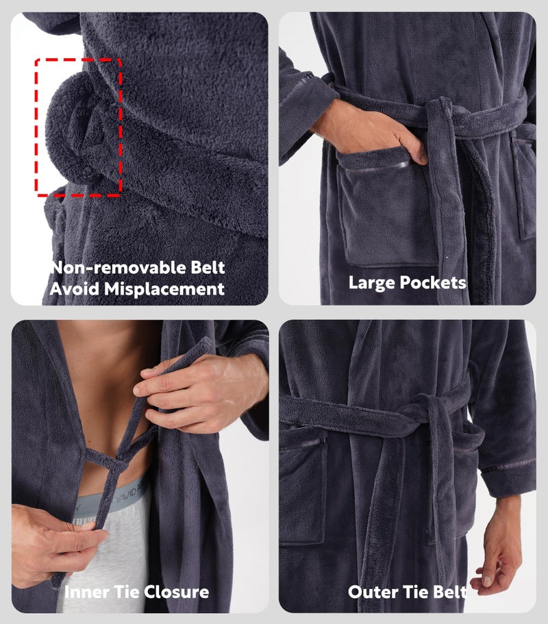 DAVID ARCHY Men's Soft Plush Coral Fleece Robe Full Length Hooded Long Bathrobe for Men with Hood (L, Dark Gray) - Image 4